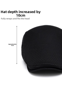 Detail view of the 10cm deepened crown on this breathable mesh newsboy cap