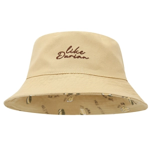 Beige cotton bucket hat with Durian embroidery and fruit print lining for sun protection