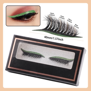 Dramatic green glitter eyeliner and black false eyelashes set with size dimensions chart