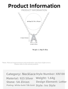 Detailed size specifications for the 925 sterling silver alphabet pendant necklace
