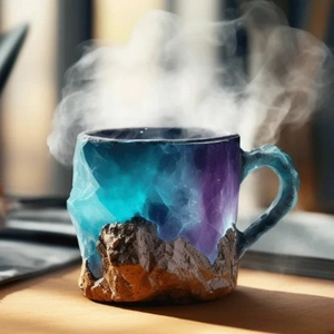 Taza de café de cristal mineral con base de roca dorada y degradado de cristal azul-violeta
