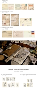 Dettaglio macro del kit di scrapbooking vintage con adesivi di funghi e farfalle
