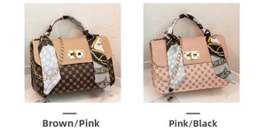 Detail of PU leather crossbody bags in brown and pink with silk scarf handles and chain