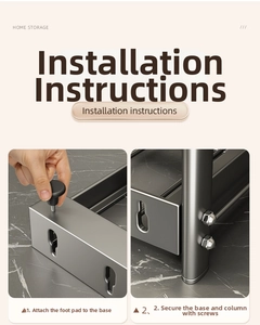Detail of metal base assembly for adjustable kitchen rack with feet and screws