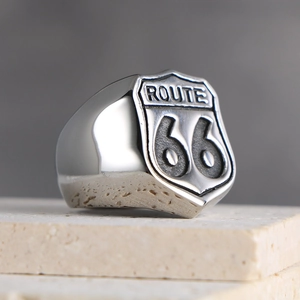 Route 66 Shield Ring Titanium Stainless Steel Retro Vintage Punk Style Biker Jewelry For Men