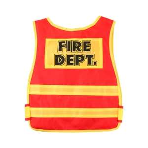 Kids firefighter role play vest in bright red with yellow reflective stripes and FIRE DEPT print