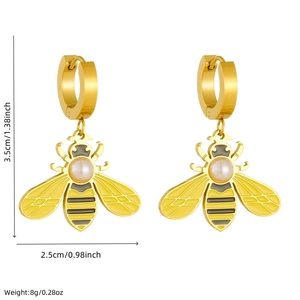 Gold bee earrings with white pearl inlay, round hoop insect dangle earrings for women
