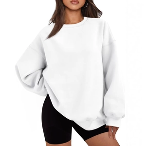 Minimalist white oversized drop shoulder hoodie sweatshirt with ribbed cuffs for women