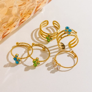 Light Luxury Colorful Rhinestone Inlaid Gold Stainless Steel Open Ring For Women INS Fashion Adjustable Finger Ring Jewelry