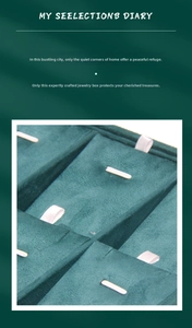 Detail of dark green jewelry tray with velvet compartments and convenient pull tabs