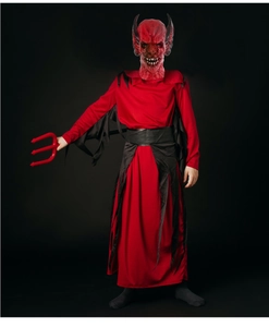 Detail of red Halloween demon costume with full head mask and matching trident prop