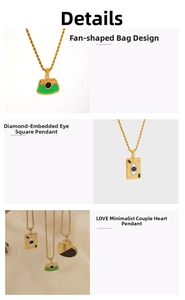 Detail view of heart LOVE pendant, evil eye square charm, and green fan-shaped bag necklace