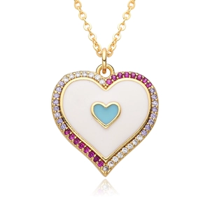 Vintage style gold necklace with heart pendant featuring blue enamel and colorful zircons