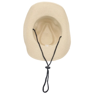 Elegant beige raffia sun hat with adjustable black chin strap and internal sweatband