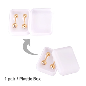 Detail of gold ball earrings with cubic zirconia in an octagonal plastic display box