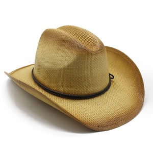 Classic woven straw cowboy hat with distressed brown accents and wide curved brim
