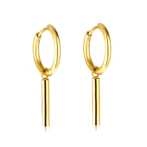 Fashionable golden stainless steel link earrings with minimalist cylindrical drop pendants