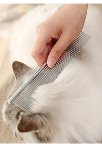 Grooming a long-haired cat with a professional silver stainless steel pet comb