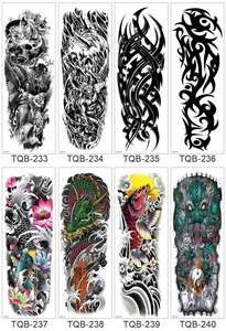 Various full arm temporary tattoos featuring skull, dragon, and lotus designs in multiple styles