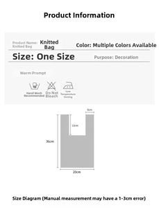 Detailed size chart for panda knit tote bag showing dimensions of 20x36cm and care tips