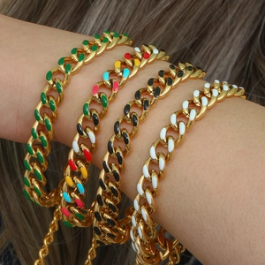 Chunky gold Cuban link bracelet set with colorful enamel oil drip charms for women
