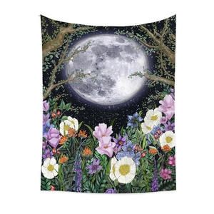 Ins style moon phase tapestry with stars, floral botanical patterns and night sky art