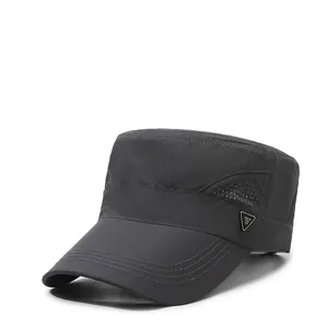 Detail of outdoor sun hat with breathable mesh side and metal triangle logo plaque