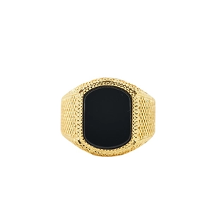 Vintage punk style golden titanium steel ring with black obsidian stone and honeycomb texture