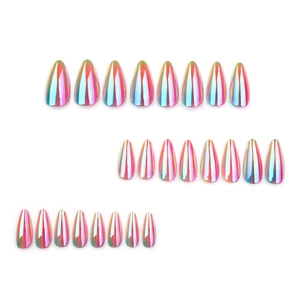 Holographic almond press-on nails with rainbow metallic finish set of 24 pieces