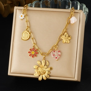 Multi Pendant Necklace Gold Plated Stainless Steel Sunflower Daisy Shell Heart Charms Bohemian Pastoral Style For Women