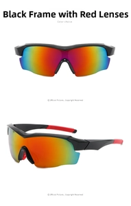 Detail of sports sunglasses with black semi-rimless frame and red gradient lenses