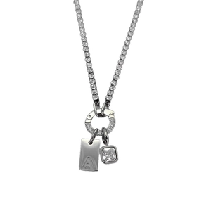 Silver titanium steel ball chain necklace with sparkling rhinestone and letter A pendant