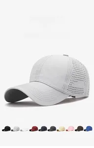Detail view of laser-perforated ventilation holes on a quick-dry baseball cap