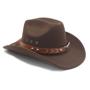 Dark brown wide brim wool western cowboy hat with leather band and silver bull head badge