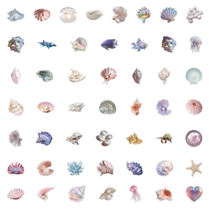 Detailed view of 48 iridescent sea life PET stickers featuring shells and jellyfish