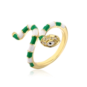 18K gold plated snake ring with green enamel stripes and crystal evil eye detail