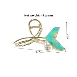 Detailed dimensions of fishtail hair claw clip in gold finish with gradient teal enamel