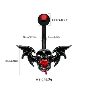 Gothic skull belly button ring with bat wings, red heart gem and size measurements