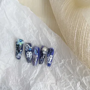 Midnight blue Gothic press-on nails with 3D butterfly, rhinestones and letter charms