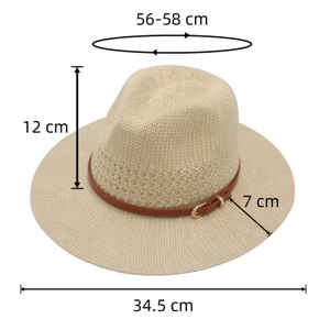 Detailed dimension chart showing dimensions for a beige wide brim Panama straw hat