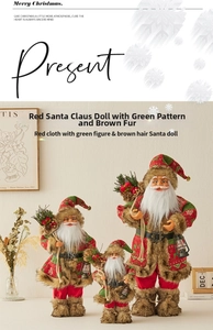 Three-piece Santa dolls with red-green stripes and lanterns in a cozy festive setting