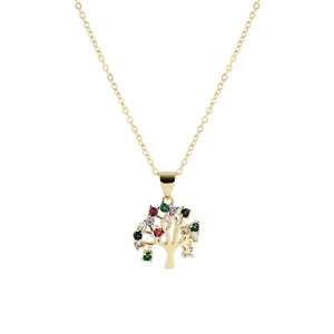 Detailed shot of 18K gold plated tree of life pendant featuring colorful zircon stones