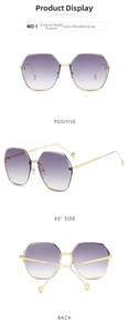 Three views of oversized rimless polygon sunglasses with gold metal frame and gradient lenses
