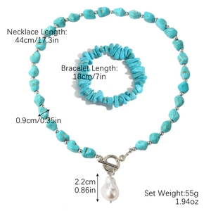 Detail view of turquoise stone necklace and bracelet set with dimensions and toggle clasp
