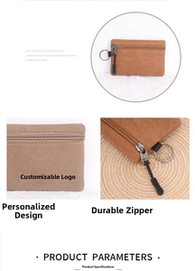 Detail view of brown canvas coin purse with metal zipper and hanging ring attachment