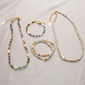 Colorful Beaded Jewelry Set For Women Artificial Pearl Lampwork Glass Heart Dopamine Necklace Bracelet Set Fashion Accessories
