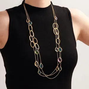 Lange Trui Ketting Ketting Roestvrij Staal Gefacetteerde Waterdruppel Glassteen Holle Ring Mode Sieraden Voor Dames