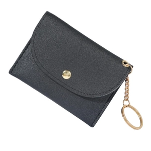 Black PU leather mini coin purse with gold key ring and snap closure for women