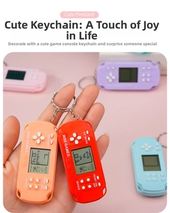 Mini handheld Tetris game keychain in vibrant candy colors with clear LCD screen