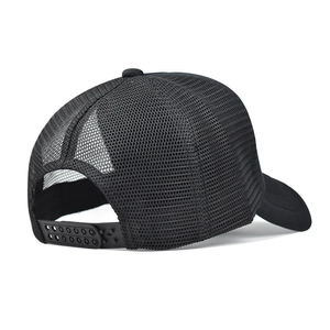 Detail of breathable mesh back and adjustable snapback closure on a black trucker hat